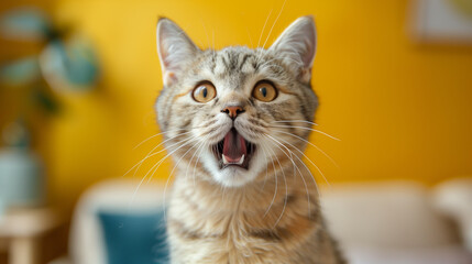 Surprised Open Mouth Scottish Fold Cat Against Blurred Background