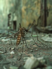 A close-up shot of a single mosquito resting on the grassy surface