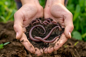 Cupped hands holding rich soil with wriggling earthworms, symbolizing fertility