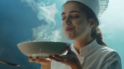 Cheerful gourmet chef smelling food aroma from bowl on camera enjoying professional meal cooked...