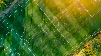 aerial view of a soccer field with players running around 