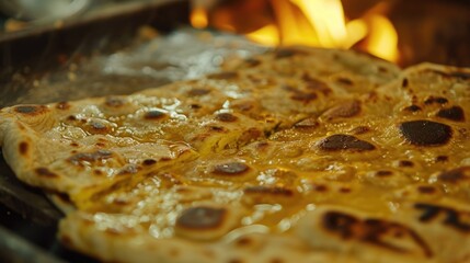 A close-up shot of a grilled pizza with melted cheese and toppings
