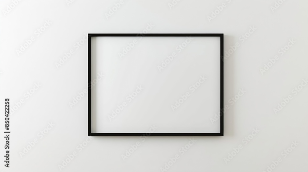 Poster black rectangular picture frame on white wall with blank paper in it you can place your image in thi