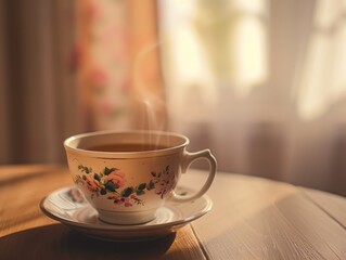 A cup of tea sits on a saucer on a table, perfect for a cozy moment