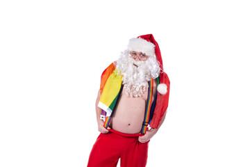 Funny Santa Claus at the gay parade. White background.