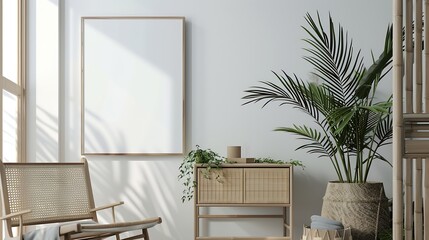 Stylish interior design of living room with wooden retro commode chair tropical plant in rattan pot basket and elegant personal accessories Mock up poster frame on the wall Template Ho : Generative AI