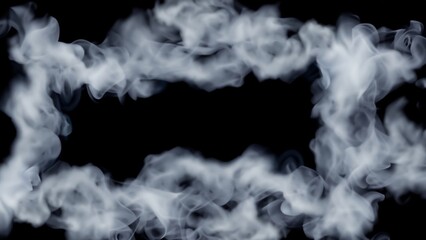 Realistic white cloud or smoke frame banner. White fog or smoke on black background, copy space