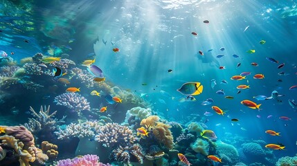 Fototapeta premium Underwater Colorful Tropical Fishes Tropical underwater sea fishes Underwater fish reef marine Tropical colorful seascape Underwater reef Reef coral scene Coral garden seascape : Generative AI