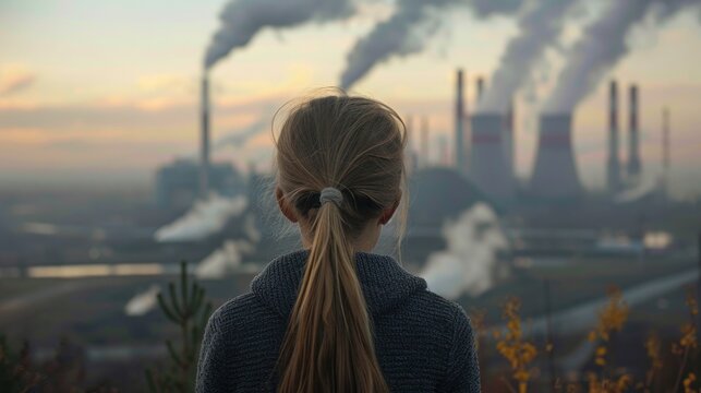 Young girl looking at the polluted industrial landscape. Environmental degradation and the impact of industrial activities on future generations.