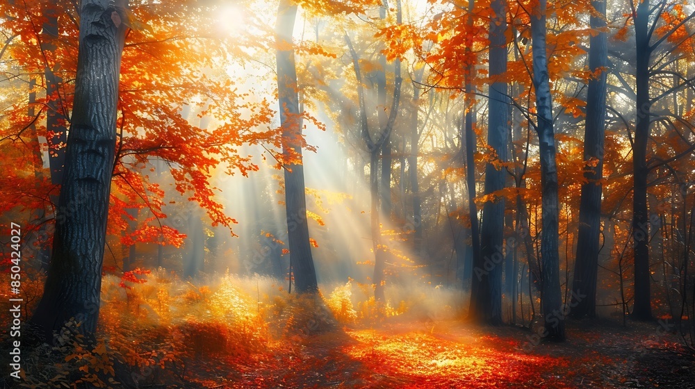 Aufkleber autumn forest nature vivid morning in colorful forest with sun rays through branches of trees scener