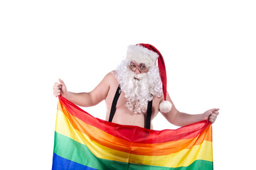 Funny Santa Claus at the gay parade. White background.