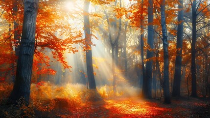 Fototapeta premium Autumn forest nature Vivid morning in colorful forest with sun rays through branches of trees Scenery of nature with sunlight : Generative AI