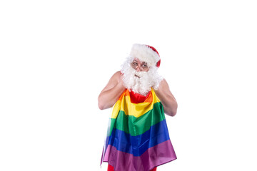 Funny Santa Claus at the gay parade. White background.