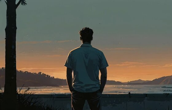 A lofi boy standing in the front of sea