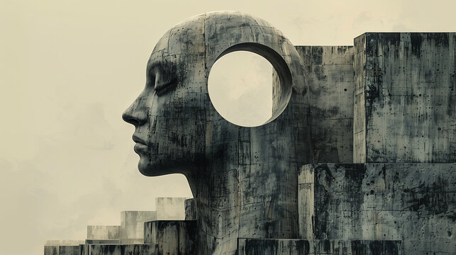 A surreal sculpture of a human face with an empty circular void, integrated into a series of abstract, weathered stone structures.
