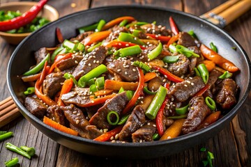 Beef And Vegetable Stir Fry In A Black Pan With Sesame Seeds And Green Onions.