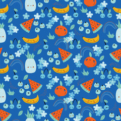 Summer fruit  pattern. Cute vector seamless background with pineapple, watermelon, lemon, orange, strawberry, banana, berries, cherry
