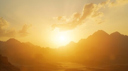 Epic sunset landscape sky with big bright sun going behind the mountains in Egypt : Generative AI