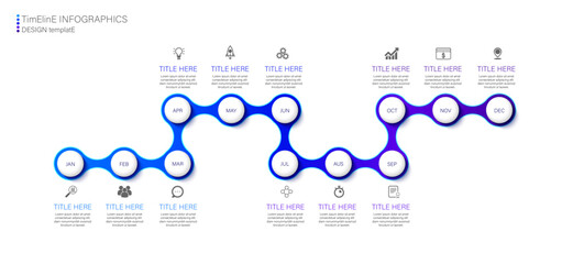 Infographic process business design timeline concept with 12 months for the steps. Design templates for presentations, workflow layouts, and diagrams.