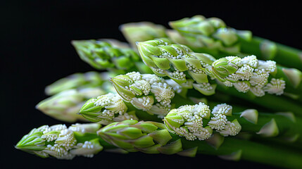 A bundle of fresh asparagus spears with vibrant green tips and white stalks stands diagonally in mid-air against a black background.