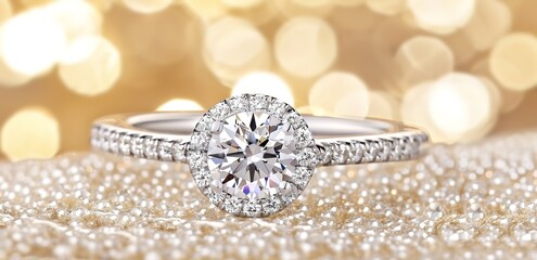 A diamond ring on a pile of pearls with a twinkling background