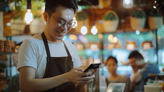 Adult waiter staff casual apron SME owner enjoy work listen to young asia people smile fun talk look at smart QR code on mobile app eat vegan meal after reopen coffee shop food drink i : Generative AI