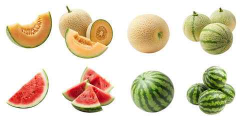 set fruit slice watermelon and melon isolated on trasparent background	