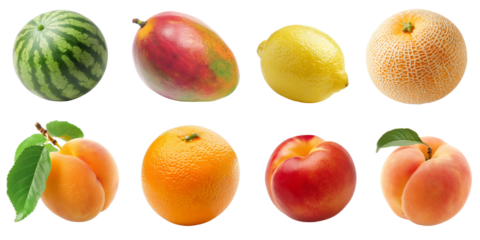 set fruit with watermelon, mango, melon, apricot, orange, nectarine, peach isolated on trasparent background	