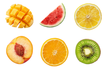 set slice cut fruit with mango, watermelon, lemon, peach, orange, kiwi, isolated on trasparent background	