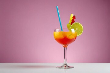 cocktail with colorful tube over bright studio background. Pop art photoshoot.Copy space.
