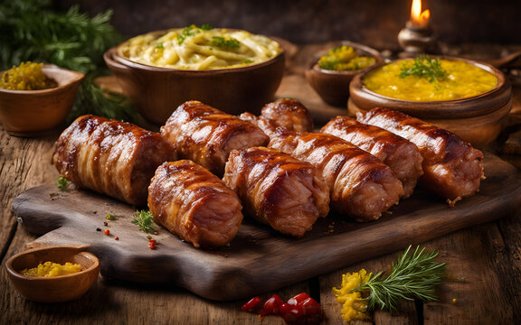 Romanian mititei, grilled meat rolls, mustard, pickles, wood table, festive backdrop