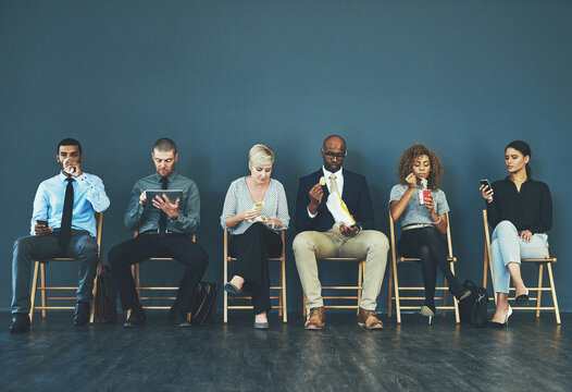 Business people, recruitment and waiting in row for hiring with interview process and employment opportunity. Diverse group, job seeker and hungry with eating or tech with mockup space and banner