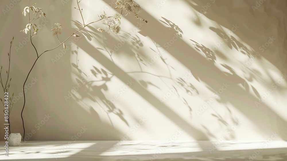 Poster Minimalistic abstract gentle light beige background for product presentation with light andand intricate shadow from the window and vegetation on wall : Generative AI