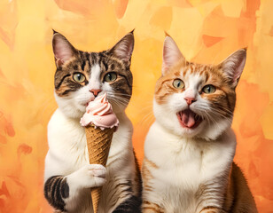 Two cats against a warm orange-yellow backdrop. Cat on the left holds a pink ice cream cone. Cat on the right is mewing as if asking for treats.