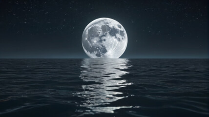 The moon's reflection shimmering on the surface of a calm sea, creating a magical nighttime scene, Generative AI