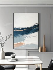 Elegant dining room with modern art: large abstract painting featuring blue and gold brush strokes displayed on the wall