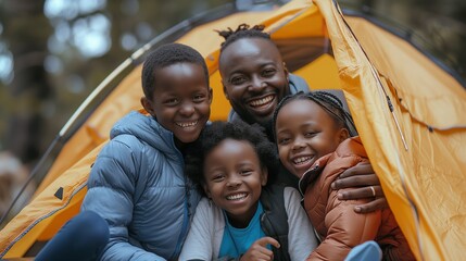 Happy African American family spending time together during vacation at a camping tent in an outdoor national park. Perfect for showcasing joyful holiday moments and family bonding in nature