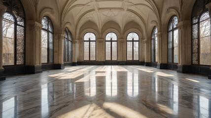 An empty historic hall bathed in sunlight streaming through tall arched windows, casting intricate shadows on the marble floor, Generative AI