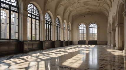 Obraz premium An empty historic hall bathed in sunlight streaming through tall arched windows, casting intricate shadows on the marble floor, Generative AI