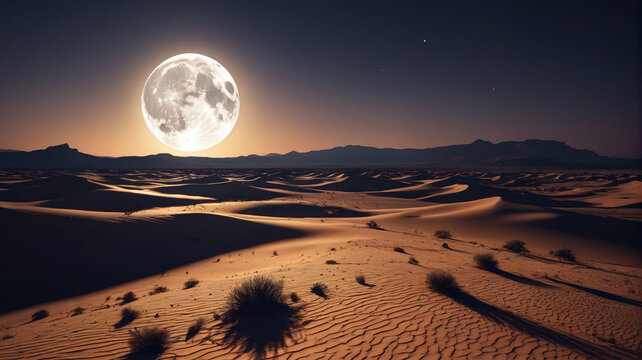 The full moon's bright light casting long shadows across a desolate desert landscape, Generative AI