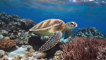 Sea turtles in the sea live on colorful coral reefs.