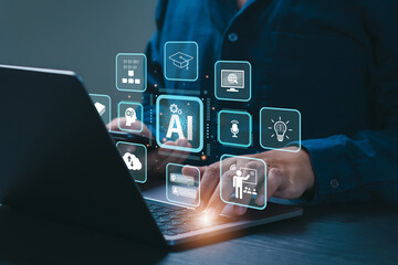AI Artificial Intelligence and Education technology concept. A man use laptops, Learn lessons and online webinars successfully in modern digital learning, Courses to develop new skills. E-learning.