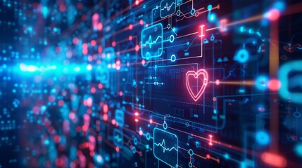 Obraz premium Futuristic AI-Driven Healthcare Network - Interconnected Medical Data and Technology with Mesh Wireframes and Neon Lights