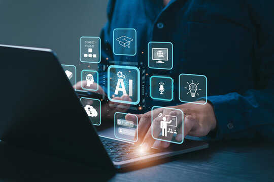 AI Artificial Intelligence and Education technology concept. A man use laptops, Learn lessons and online webinars successfully in modern digital learning, Courses to develop new skills. E-learning.