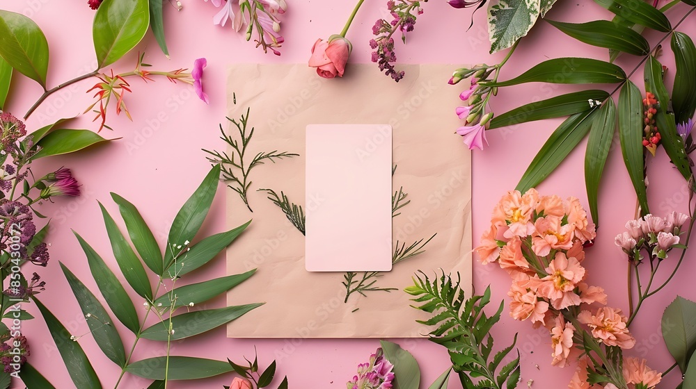 Poster creative layout made of flowers and leaves with paper card note flat lay nature concept : generative