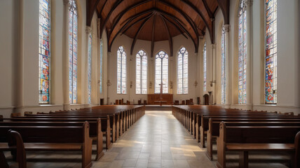 Light-filled empty church nave with high ceilings and tall windows, creating a tranquil and reverent atmosphere, Generative AI