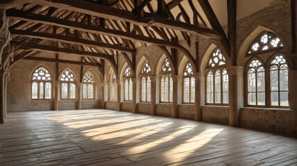 Obraz premium A deserted medieval banquet hall with large windows allowing bright light to pour over ancient wooden beams, Generative AI