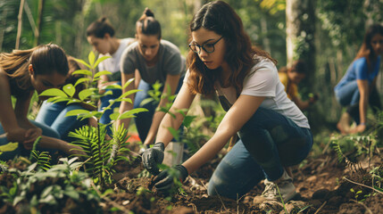 Volunteers planting young trees in a reforestation project, promoting environmental sustainability and community involvement