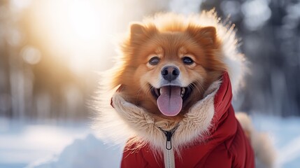 Cute dog in a warm jacket and hood walks in a winter park	
