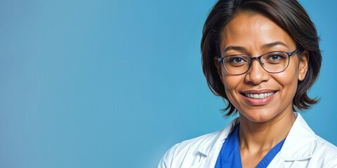 An isolated portrait of a smiling middle-aged African-American woman doctor with glasses looking into the camera. A banner with a blue copy background for website design and promotional materials